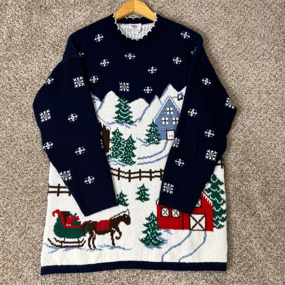 Vintage NutCracker Christmas Sweater Womens Medium Navy Sleigh Winter Scene USA